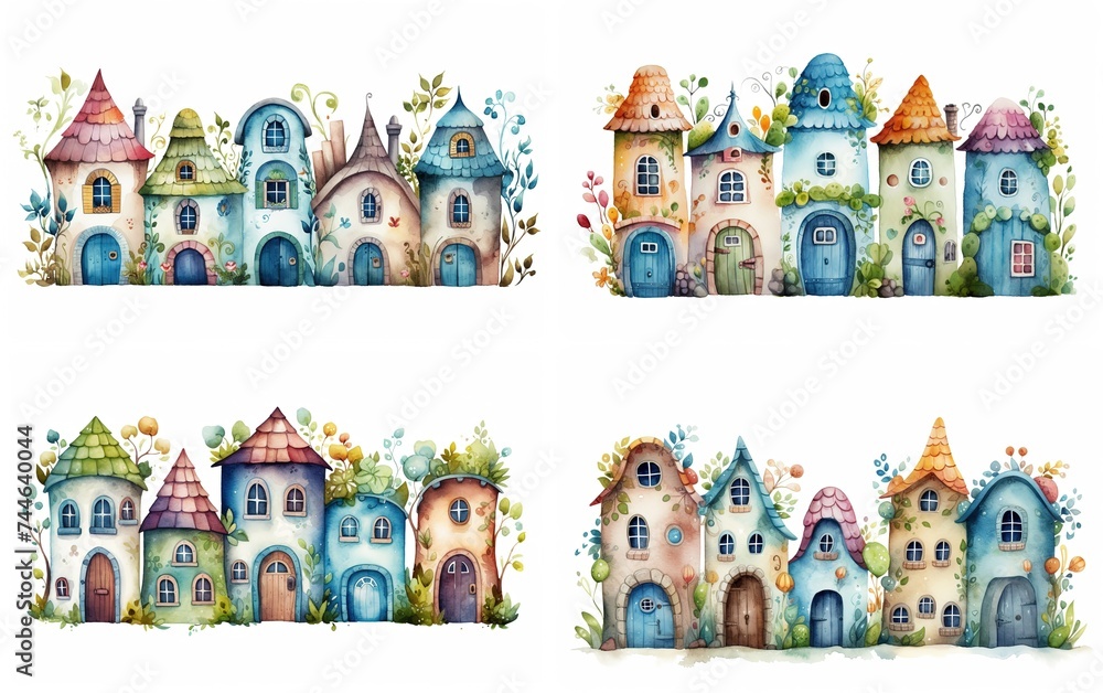 watercolor style illustration of fairytale village full of mushroom houses, flowers and trees in strip long clipart isolated on white background, collection set, Generative Ai