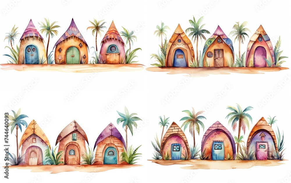 watercolor cartoon illustration, cute beach cabin collection set on white background, Generative Ai watercolor cartoon illustration, cute beach cabin collection set on white background, Generative Ai