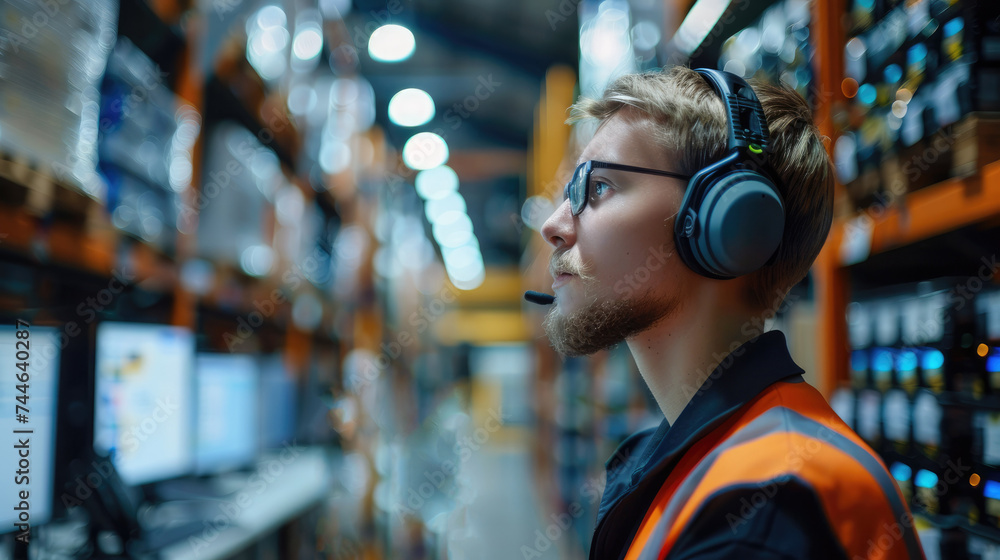 A warehouse manager communicates through a handheld radio with a headset while stationed in front of multiple screens. Generative AI. A warehouse manager communicates through a handheld radio with a headset while stationed in front of multiple screens. Generative AI.