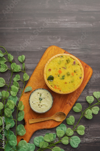 Obraz na płótnie Indian vagetarian breakfast made with Rava or Sooji called rava kichali or sooji kichali or sooji Upma. Also called rava Upma. Made from vegetables and spices. w salonie