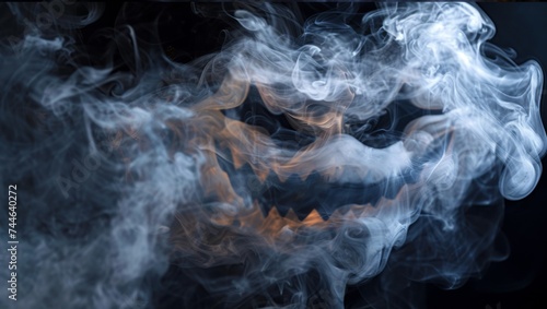 Scary evil face made of cigarette smoke. Steam cloud on black background. White vapor effect. Toxic gas. Stop, no, quit smoking concept. Spooky smog demon.