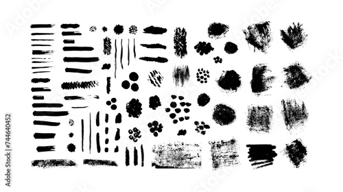 Bundle of different ink brush strokes. Ink splatters grungy painted lines artistic design elements. Vector paintbrush set.