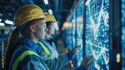 A male and female technician in high-visibility jackets analyze data on a digital interface in a network operations center. Generative AI. photo