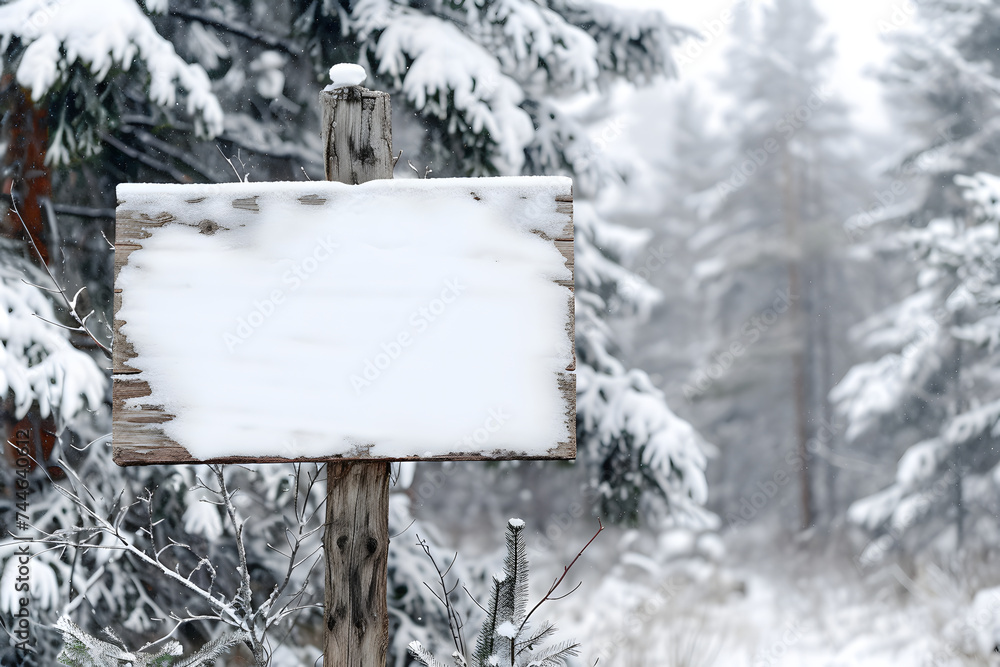 Naklejka premium Winterliche Wegeführung: Holzschild in verschneiter Waldlandschaft