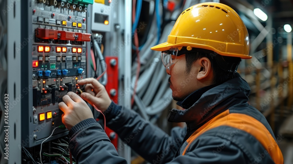A man is urgently repairing the back of the distribution box. Generative AI. A man is urgently repairing the back of the distribution box. Generative AI.