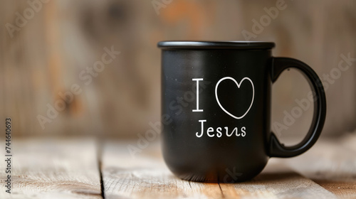Sip in Faith: Black Mug Bearing 'I Love Jesus' Commitment in White Text, Against a Wooden Table Surface, with Heart Symbol / Icon