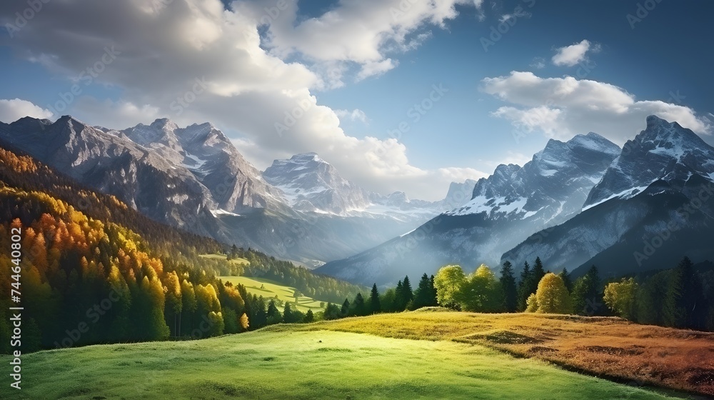 Panoramic view of autumn alpine meadow. Dolomites, Italy