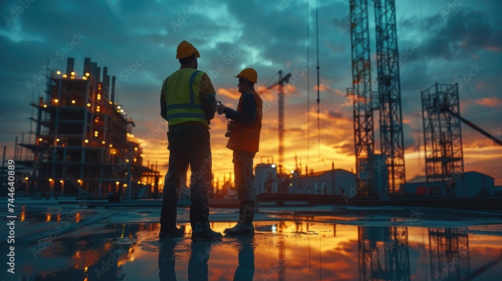 Foreman and electrician on large Construction site, blue hour. Generative AI.
