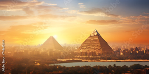 Sunset Serenity: A Mesmerizing Encounter with the Majestic Pyramids of Egypt, Bathed in the Golden Glow of History photo