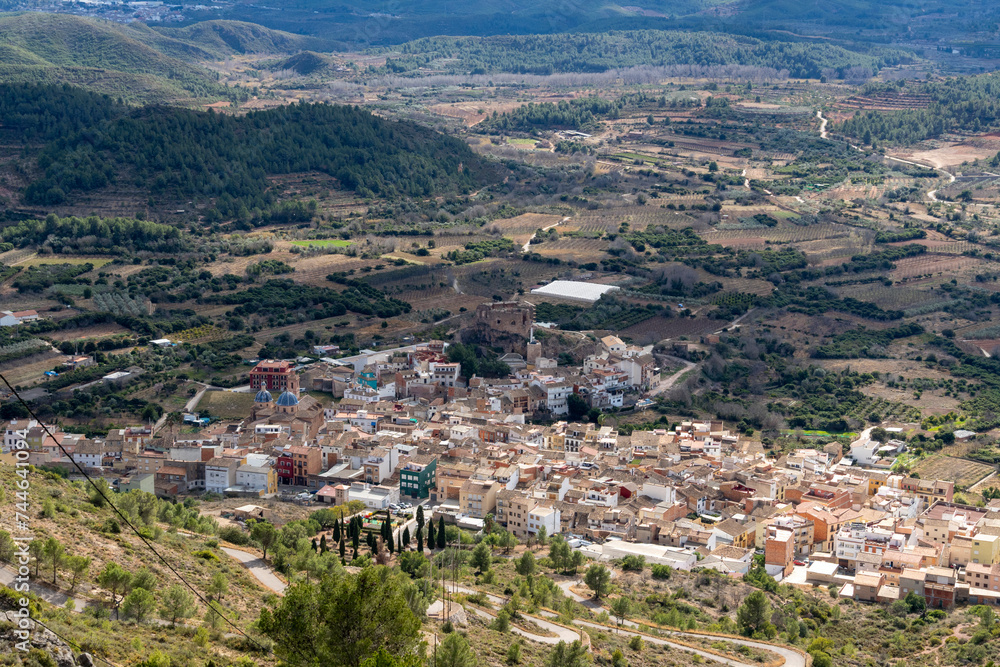 aerial image of a small village surrounded by mountains and nature