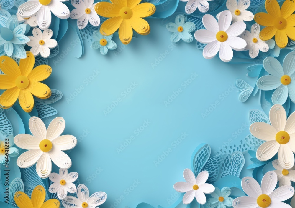 hello spring text on a blue background with yellow flowers or daisies. spring greeting card hello spring text on a blue background with yellow flowers or daisies. spring greeting card
