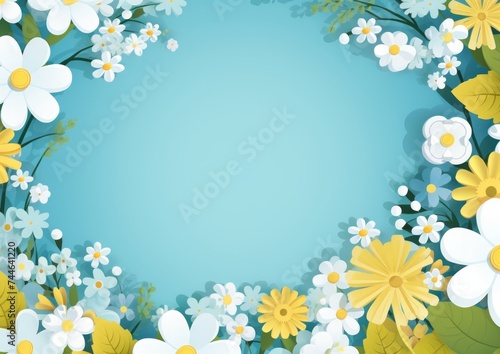 hello spring text on a blue background with yellow flowers or daisies. spring greeting card