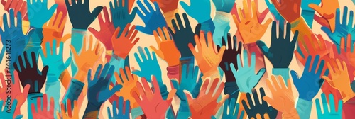 Colorful raised hands pattern representing diversity, community support, or volunteering concept.