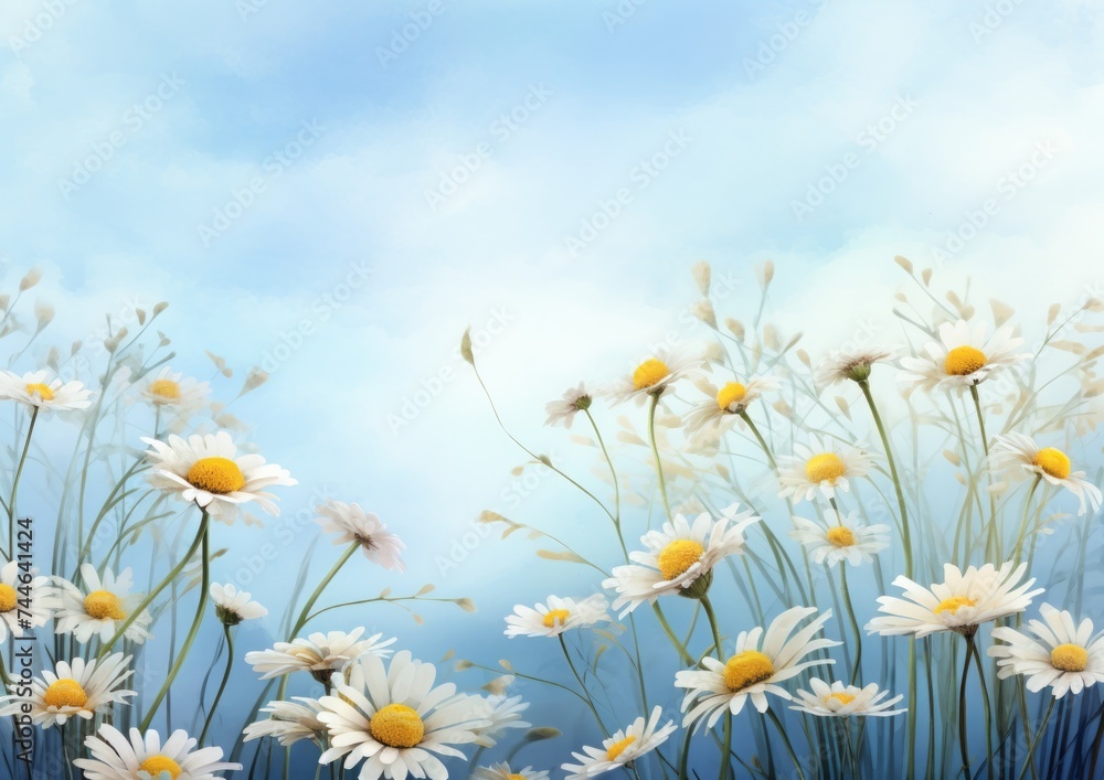 hello spring text on a blue background with yellow flowers or daisies. spring greeting card hello spring text on a blue background with yellow flowers or daisies. spring greeting card