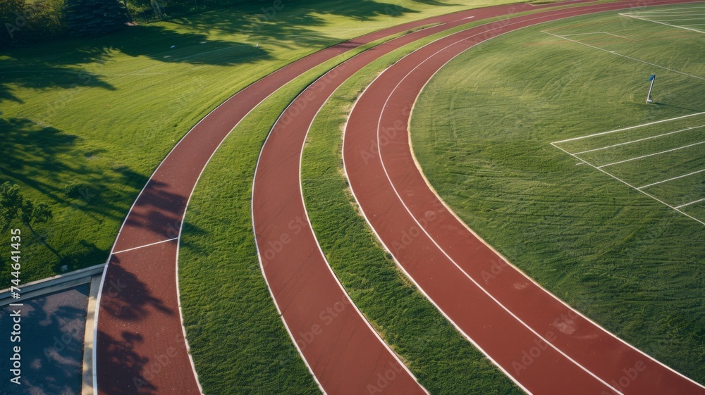 Aerial view of a red running track with green grass field, depicting athletics and outdoor sports.
