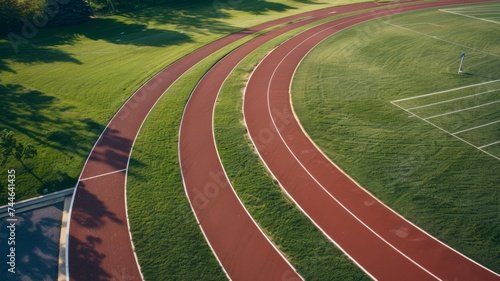 Aerial view of a red running track with green grass field, depicting athletics and outdoor sports. photo