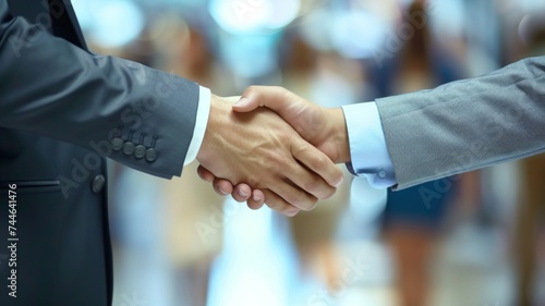 Close-up of a firm handshake between two professionals in suits, symbolizing a business agreement or partnership, with a blurred background.