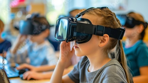 Child wearing virtual reality headset in classroom with peers.