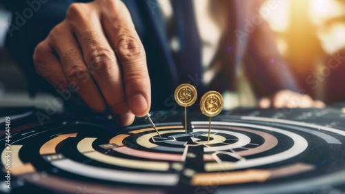 Businessman placing darts on target center, concept of goal achievement and success.