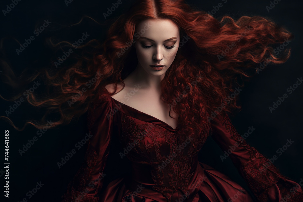 Captivating digital artwork of a woman with flowing red hair in a burgundy gown Captivating digital artwork of a woman with flowing red hair in a burgundy gown