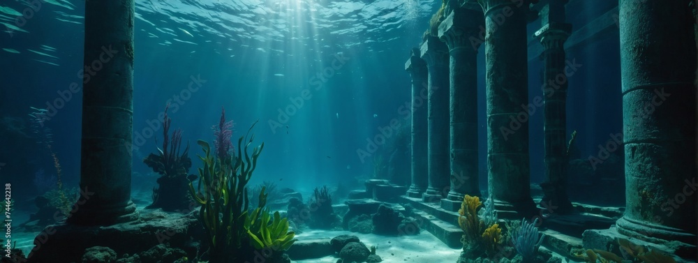 Underwater ruins with bioluminescent plants, ancient pillars, and the play of light through the water. Mystical underwater cityscape.  - obrazy, fototapety, plakaty 