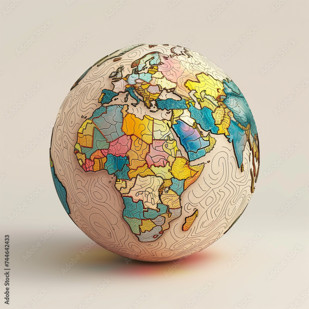Artistic Cartography: Photorealistic Vector Art Globe with Intricate Country Outlines and Textured Surface Artistic Cartography: Photorealistic Vector Art Globe with Intricate Country Outlines and Textured Surface
