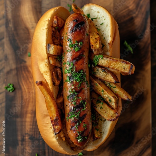 grilled sausage hotdog  with fries topping served on a wooden cutting board. generative ai © Tomislav