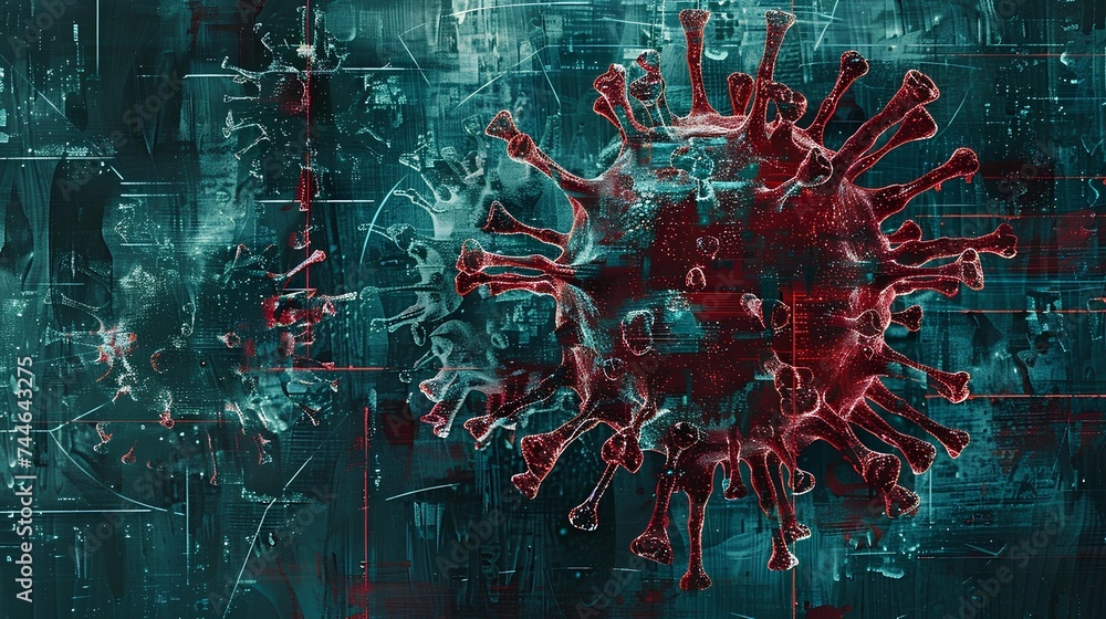 Digital image of monitor screen show virus against black background against blue background with vignette, Coronavirus outbreak and pandemic concept - obrazy, fototapety, plakaty 