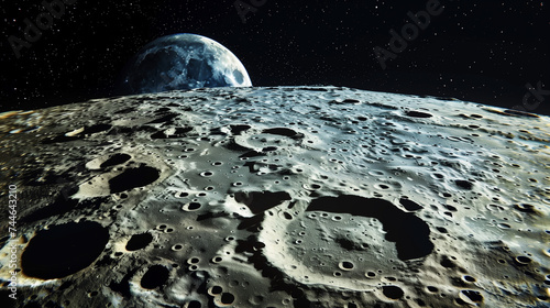 High detail moon surface with Earth rising on the horizon perfect for space education and exploration themes