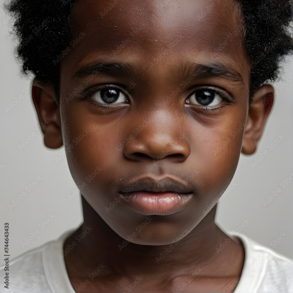 Little black boy. Gray background. Generative AI Little black boy. Gray background. Generative AI