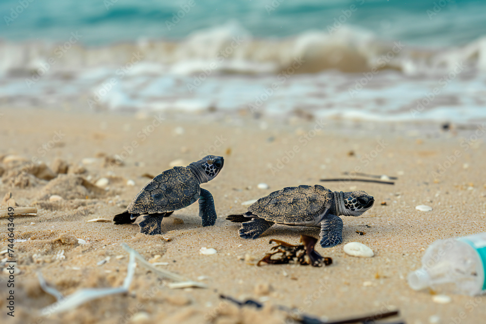 new born turtle on the beach, garbage, plastic, bottle, environment