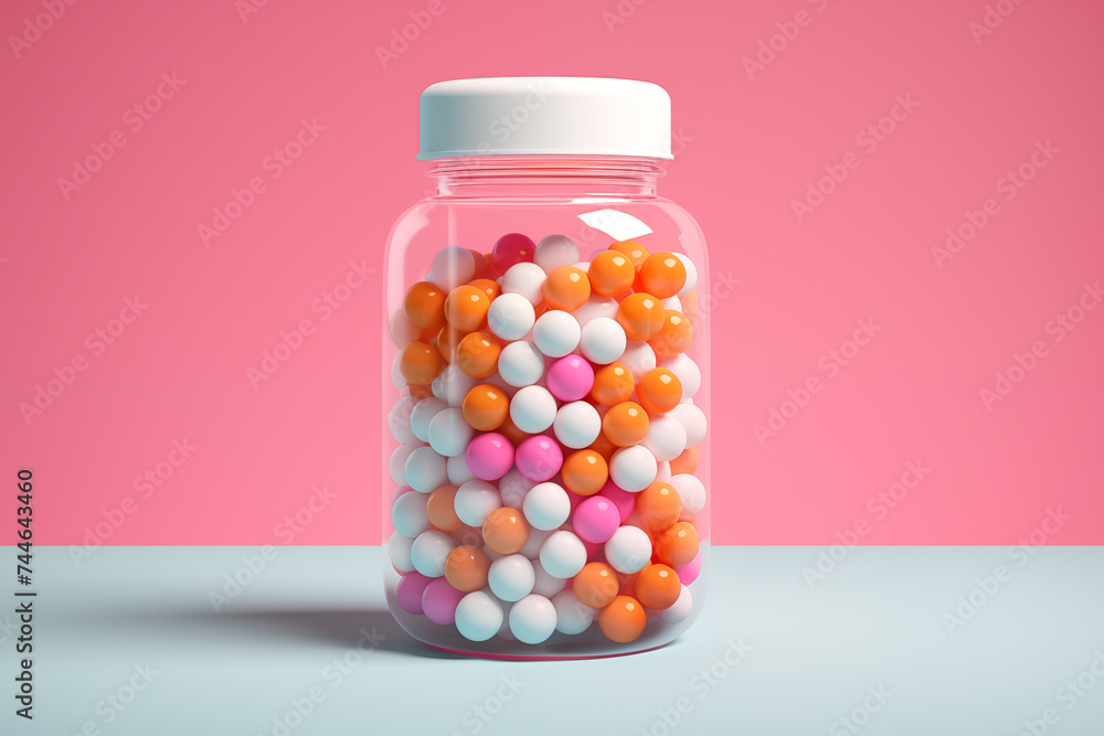 A jar with pills on a pink background. A jar with pills on a pink background.