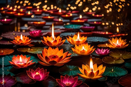 flower in the night, Immerse yourself in the vibrant celebration of Diwali, the Indian festival of fire, with a captivating scene adorned with lotus flowers and diyas oil lamps