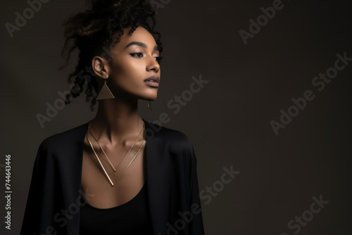 Beautiful African model woman in a black kimono and a gold necklace on a black background with copy space.