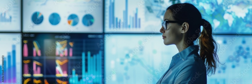 Professional woman analyzing data on multiple computer screens in a ...