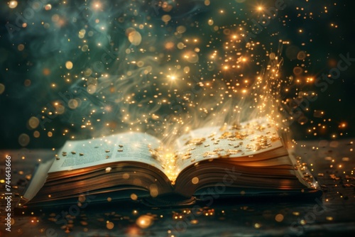 Open book with magical glowing lights and sparkles on dark background, concept of fantasy and imagination. photo