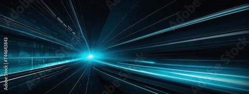 Vector Abstract, science, futuristic, energy technology concept. Digital image of light rays, stripes lines with cyan light, speed and motion blur over dark cyan background. 
