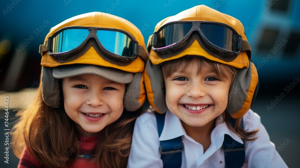Boys and girls smile, are happy and dream of becoming captains and pilots. They wear hats and clothing like commercial pilots. There's a plane parked behind it. Child Airplane Pilot Concept. Boys and girls smile, are happy and dream of becoming captains and pilots. They wear hats and clothing like commercial pilots. There's a plane parked behind it. Child Airplane Pilot Concept.