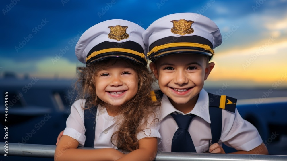 Boys and girls smile, are happy and dream of becoming captains and pilots. They wear hats and clothing like commercial pilots. There's a plane parked behind it. Child Airplane Pilot Concept. Boys and girls smile, are happy and dream of becoming captains and pilots. They wear hats and clothing like commercial pilots. There's a plane parked behind it. Child Airplane Pilot Concept.