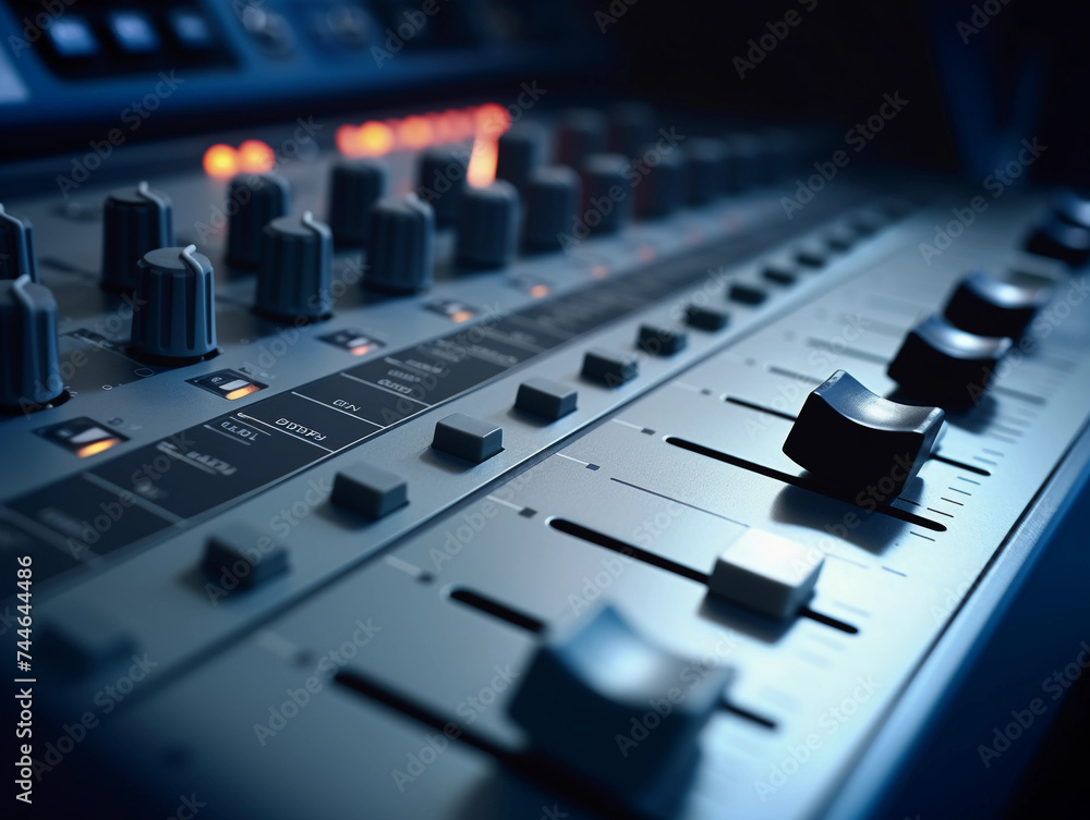 close up shot detail sound mixer control panel button in natural light. DJ or studio sound mixer recorded close up view 