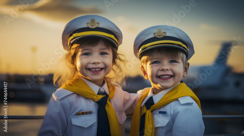 Boys and girls smile, are happy and dream of becoming captains and pilots. They wear hats and clothing like commercial pilots. There's a plane parked behind it. Child Airplane Pilot Concept.