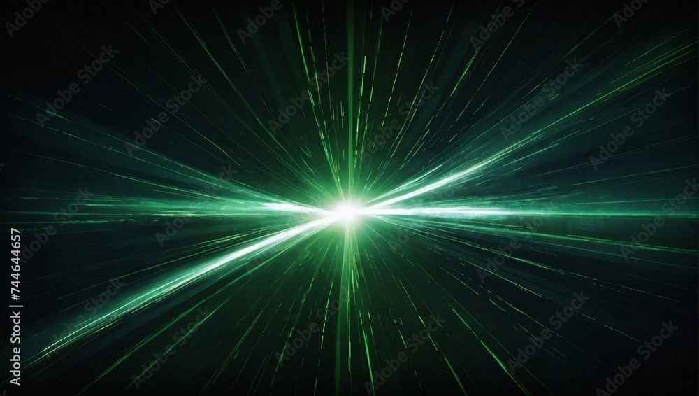 Vector Abstract, science, futuristic, energy technology concept. Digital image of light rays, stripes lines with green light, speed and motion blur over dark green background. 