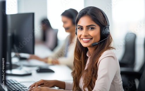 Operatrice Call Center indiana sorridente che lavora