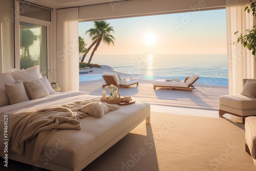 Interior of bedroom with panoramic sea view © Kokhanchikov