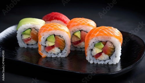 Some sushi and sashimi pieces on japanese black dish macro