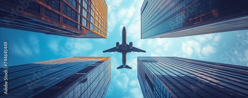 Low angle view of airplane flying over buildings.