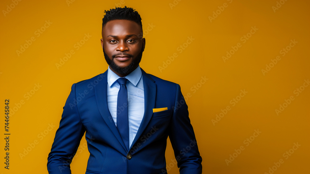 Portrait of a confident African American businessman wearing a blue suit on a yellow background - obrazy, fototapety, plakaty 