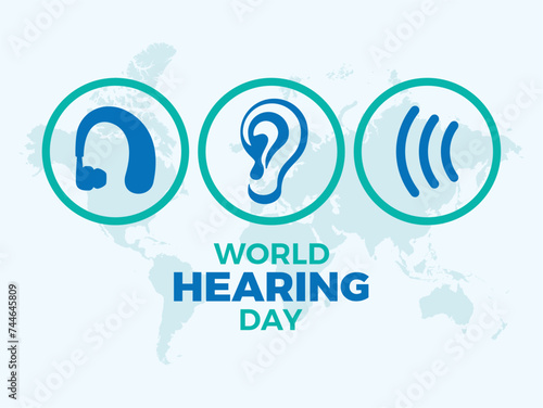 World Hearing Day poster vector illustration. Human ear, hearing aid, sound round icon set vector. Template for background, banner, card. March 3 every year. Important day