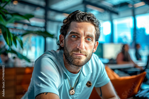  Ruggedly handsome American worker in a minimalist space. Weathered face, faded t-shirt, powerful build. Golden hour light highlights his focused gaze, a timeless image of hardworking dedication.