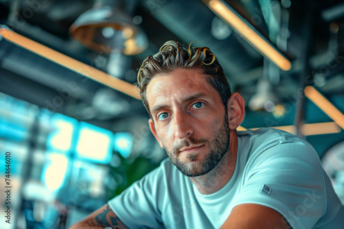 
Ruggedly handsome American worker in a minimalist space. Weathered face, faded t-shirt, powerful build. Golden hour light highlights his focused gaze, a timeless image of hardworking dedication.